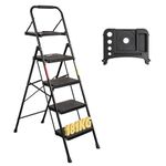 BONTEC 4 Step Ladder with Wide Anti-Slip Pedals, Folding Step Stool Capacity 181KG, Sponge Handrail, Strong and Solid Portable Ladder Suitable for Home, Kitchen, Pantry, Indoor/Outdoor Use, Black