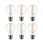 TEKLED® A60 Filament Vintage LED Bulbs | B22 Bayonet Cap | Energy Saving 6.5W Light Bulb 60W Equivalent | NONDIMMABLE Clear 2700K 806LM | 6-Pack | Warm White