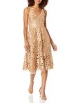 Dress the Population Women's Blair Plunging Fit and Flare Midi Dress, Gold/Nude, M