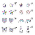 YADOCA 8 Pairs Hypoallergenic Stud Earrings for Women Girls 316L Stainless Steel CZ Heart Screw Back Earring Studs Flower Multicolored Butterfly Stud Earrings Set