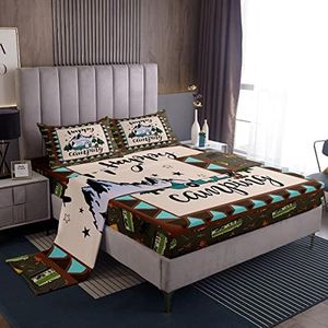 Erosebridal Kids Camping Bed Sheets Set Queen Happy Camping Sheets for Boys Girls Western Rustic Farmhouse Style Flat Fitted Sheet Vintage Cartoon Rv Car Print Bedding Set Camper Decor Sheet Set 4Pcs