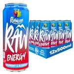 Rubicon RAW 12 Pack Raspberry & Blueberry 500ml Energy Drink, 20% Real Fruit Juice, High caffeine with B-Vitamins, Ginseng & Guarana, No Artificial Colours or Flavours, Reduce Tiredness & Boost Energy