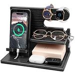 Gifts for Men Bedside Organiser for Dad, Phone Wooden Docking Station, Key Holder Watch Nightstand, Wood Desktop Storage Station Presents for Him, Husband, Birthday, Christmas, Valentine's Day