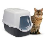 Trixie: - Vico Cat Litter Tray with Hood | Litter Tray with Hood, Door Flap and Handle | Made with Lightweight and Durable Material | Double Rim Keeps The Surrounding Area Clean & Tidy - Grey