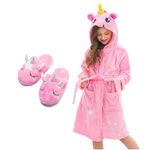 Piefry Unicorn Dressing Gowns for Girls Soft Hooded Robe Sleepwear with Unicorn Slippers, Unicorn Gifts for Girls (Rose Stars, 5-6 Years)