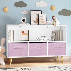 CuisinSmart Kids Bookshelf with Toy Storage Organizer,35.5" Bookcase with Bins for Nursery Playroom Furniture Kids Bedroom Kids Reading Nook,35.5"x11",Pink
