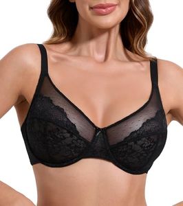 HACI Women's Unlined Minimizer Bra Full Coverage Deep V Underwire Plus Size Lace Everyday Mesh Big Bust(Black,44DD)