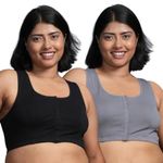 Adira | Front Open Bras Plus Size | Non-Padded & Non-Wired Bras | High Racer Back for Support & Posture | Wire-Free & Full Coverage | Plus Size | Front Opening | Pack of 2 | Black & Steel Grey | 3XL