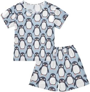 KUEJOP Funny Penguin Pattern Summer Cute Pajama Sets, Short Sets for Daily Wears and Sleep Wears