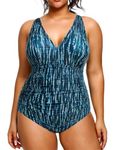 Aqua Eve Women Plus Size One Piece Swimsuits V Neck Tummy Control Bathing Suits Retro Ruched Swimwear, Green Tie Dye, 20 Plus