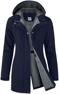 iCreek Women's Waterproof Softshell Rain Jacket Fleece Lined Hood Long Coat (Navy Blue, 2XL)