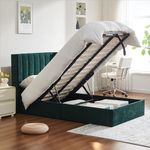 YUHUASHI Queen Size Hydraulic Storage Bed, Upholstered Platform Bed Frame, Modern Wingback Design Headboard, Velvet Fabric with Hydraulic Support Bars, No Box Spring Required (Ink Green, Twin)