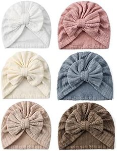 ZURLEFY 6 PCS Stretchy Infant Hats with Bows, Pink Newborn Turbans for Girls, Headwraps and Caps (17-2)