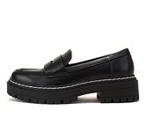 Soda “Eureka” ~ Women Slip On Platform Penny Loafer Lug Sole with Stitched Detail, Black Pu, 7 UK