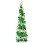 YOLOK 6ft Tinsel Christmas Tree, Pop Up Pencil Christmas Tree, Collapsible Artificial Desk Christmas Tree Skinny Pencil Tinsel Decoration Trees, Xmas Tree for Home Holiday Christmas Party