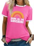 Dresswel Women Bring On The Sunshine T-Shirt Rainbow Graphic Print Short Sleeve Crew Neck Tee Tops Ladies Summer Shirts(3-Dark Pink, XXL)