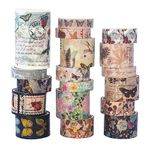 HASTHIP® 18 Rolls Vintage Washi Tape, 6 Sizes Floral Butterfly Botanical Flower with Gold and Silver Print Writable Tapes for Scrapbook, Craft, Scrapbooking Supplies