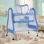 Amazon Brand - Supples Premium Baby Cradle with Swing & Mosquito Net Cover | for 0–8 Months | Swing Lock & 4 Wheels with Brake | Soft & Comfortable Sleep | Sturdy Mild Steel Frame | Blue & White