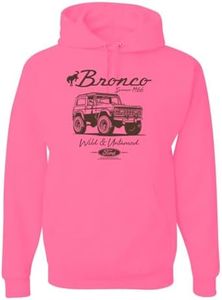 Ford Bronco Wild Untamed 1966, Classic Retro USA Motors | Novelty Merch Racing Merchandise Cars and Trucks Unisex Hoodie Sweatshirt, Neon Pink, 3X-Large