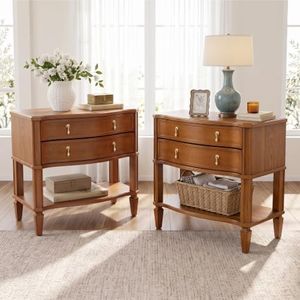 27.5" Wide Extra Large with Nightstand Set of 2 Charging Station & Open Shelf, Pre-Assembled,Vintage Bedside Table w/2 Drawers, Curved Design, Farmhouse End Side Table with Solid Wood Legs for Bedroom