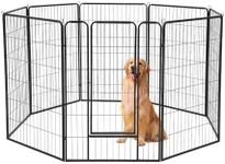 Petzly Dog Playpen 8 Panel Pet Playpen with Door, 80 x 120 CM Foldable Metal Exercise Puppy Playpen for Large/Medium/Small Dogs, Dog Pen for Camping RV Garden Yard Indoor Outdoor, Black