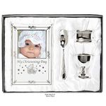 Beautiful Boxed Silver Plated Christening Day Gift Set - 4-Piece, Includes Egg Cup, Spoon, Baby Photo frame, Napkin Ring in Presentation Gift Box.