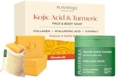 PLANTIFIQUE Kojic Acid Soap for Hyperpigmentation 320g & Korean Glycolic Acid Pads with CICA, 60 Pcs
