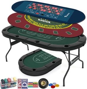 8 Player Foldable Poker Table Top 4-in-1 Casino Game Set for Texas Hold'em, Blackjack, Craps & Roulette, Portable Folding Table Mat with Cup Holders & Full Props for Home Party, Game Night