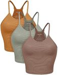 ODODOS Women's Crop 3-Pack Waffle Knit Seamless Camisole Crop Tank Tops, Long Crop, Clove+Green Milieu+Ginger, X-Large/XX-Large