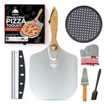 Connsole Casa 6pc Pizza Oven Accessories Set -12"x14" Pizza Peel, 12" Perforated Pizza Pan, Pizza Server, Pizza Cutter Rocker Blade, Basting Brush & Heat Resistant Gloves Complete Pizza Making Kit