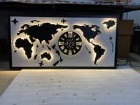 METSYMetal Laser Cut(World Map with Analogue Clock) Wall Hanging Golden World map Attached Analogue Clock with LED Strip Lighting(4x2) feet