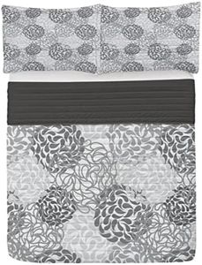 Lunarable Floral Microfiber Bedspread Set, Mixed Florets Pattern Abstract Buds Flourishing Blooms Design, Soft Bedding Set with Pillow Shams & Comforter, King Size, Charcoal Grey White