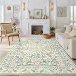 Morebes Washable Area Rugs 6x9, Boho Bedroom Rug Non-Slip, Large Living Room Carpet Soft Vintage Floral Throw Rug for Home Office Décor Rv Foyer Entryway Bathroom, Cream/Multi