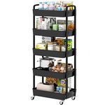 UDEAR 5-Tier Kitchen Rolling Utility Cart,Multifunction Storage Organizer with Handle and 2 Lockable Wheels for Kitchen,Bathroom,Living Room,Office,Black