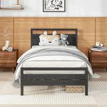 BOFENG Twin Bed Frame with Wood Headboard Farmhouse Bed,Single Bed Frame,Heavy Duty Metal Platform Bed Frame Twin Size No Box Spring Needed,Firm Mattress Foundation,Black