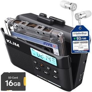 KLIM K7 Cassette Tape Player with Fusion Earphones - Cassette to MP3 Converter - Portable - Built-in Microphone & Speaker - Rechargeable Battery - Earphones - 16GB SD Card - Black