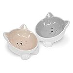 Navaris 2 x Ceramic Cat Bowls - Twin Pack of Cat Feeding Dishes with Anti Slip Silicone Feet - Grey and Beige Cat Shaped Food and Water Bowls for Cats