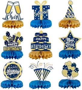 Happy Birthday Centerpiece Table Decoration, Birthday Party Honeycomb Centerpiece Table Topper Blue and Gold Party Decorations Kids Baby Shower Supplies, Happy Birthday Decorations for Men and Woman