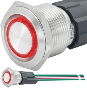 Push Button Switch 15Amp Red, 3/4" 19mm Momentary Waterproof IP67 110/120V AC/DC 1NO SPST Ring Led Light Metal Button Self-Reset with Wire Socket