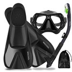 WACOOL Adults Snorkeling Snorkel Scuba Diving Package Set Gear with Travel Full Foot Short Swim Pocket Fins Anti-Fog Coated Glass Silicon Mouth Piece Purge Valve and Anti-Splash (Black,L)