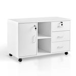 OFCASA Mobile File Cabinet with 3 Drawers Lockable Office Rolling Cabinet with Wheels 1 Door 2 Shelves 2 Locks White Wood Storage Filing Cabinet for Home Office 90 x 40 x 55cm