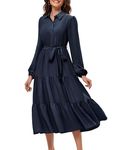 JASAMBAC Midi Dresses for Women UK,Button Down Shirt Dress Long Sleeve Casual Dresses Ruffle Pleated Elegant Dresses Flowy Dress with Pockets Dark Blue