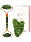 Gua Sha & Jade Roller Gift Set, Natural Green Face Roller and Gua Sha Stone Set, Face Massager Jade Stone Facial Roller for Eye Puffiness, Skin Tightening, Rejuvenation of The Face and Neck