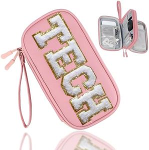 COSHAYSOO Electronics Organizer Bag Travel with Chenille Letter Patch TECH Traveling Essential Preppy Personalized Gift for Women Cable Cord Charger Storage Case Carrying Pouch (Light Pink)