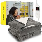 MONHOUSE Heated Throw - Electric Blanket - Digital Controller - Timer up to 9 hours, 9 Heat Settings, Auto Shutoff - Machine Washable - King 180X200cm - GREY SHEARLING