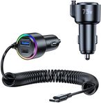 USB C 75W Fast Car Charger Samsung Rapid Car Charger PD& QC3.0 with 5.3ft 45W Type C Coiled Cable, Super Fast Type C Car Charger Adapter for iPhone 15 Pro/15 Pro Max Samsung Galaxy S24/S23,Android