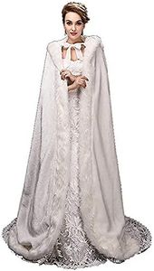 White Women's Wedding Cloak Coat with Hoods Winter Long Jacket Bridal Wraps Warm Faux Fur Cape (Large, White)