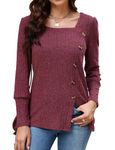 Viracy Business Casual Sweaters for Women, Square Neck Tops Balloon Sleeve Buttons Down Slit Hem Soft Comfy Fall Shirts Flattering Casual Classic Sweatshirt,Wine-Large