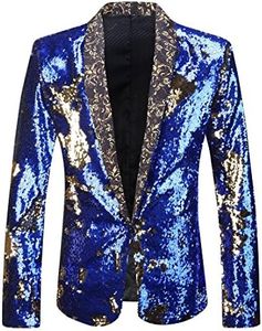 PYJTRL Men Stylish Two Color Conversion Shiny Sequins Blazer Suit Jacket (Royal Blue + Gold, XXXL)
