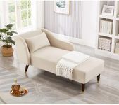 Chaise Lounge Indoor, Velvet Upholstered Lounge Chair with Pillow, Solid Wood Legs Modern Chaise Lounge Chair for Living Room Bedroom Office (Beige)